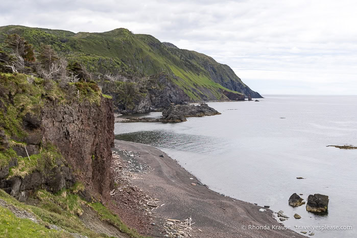 Cliffs, beach, and the sea.